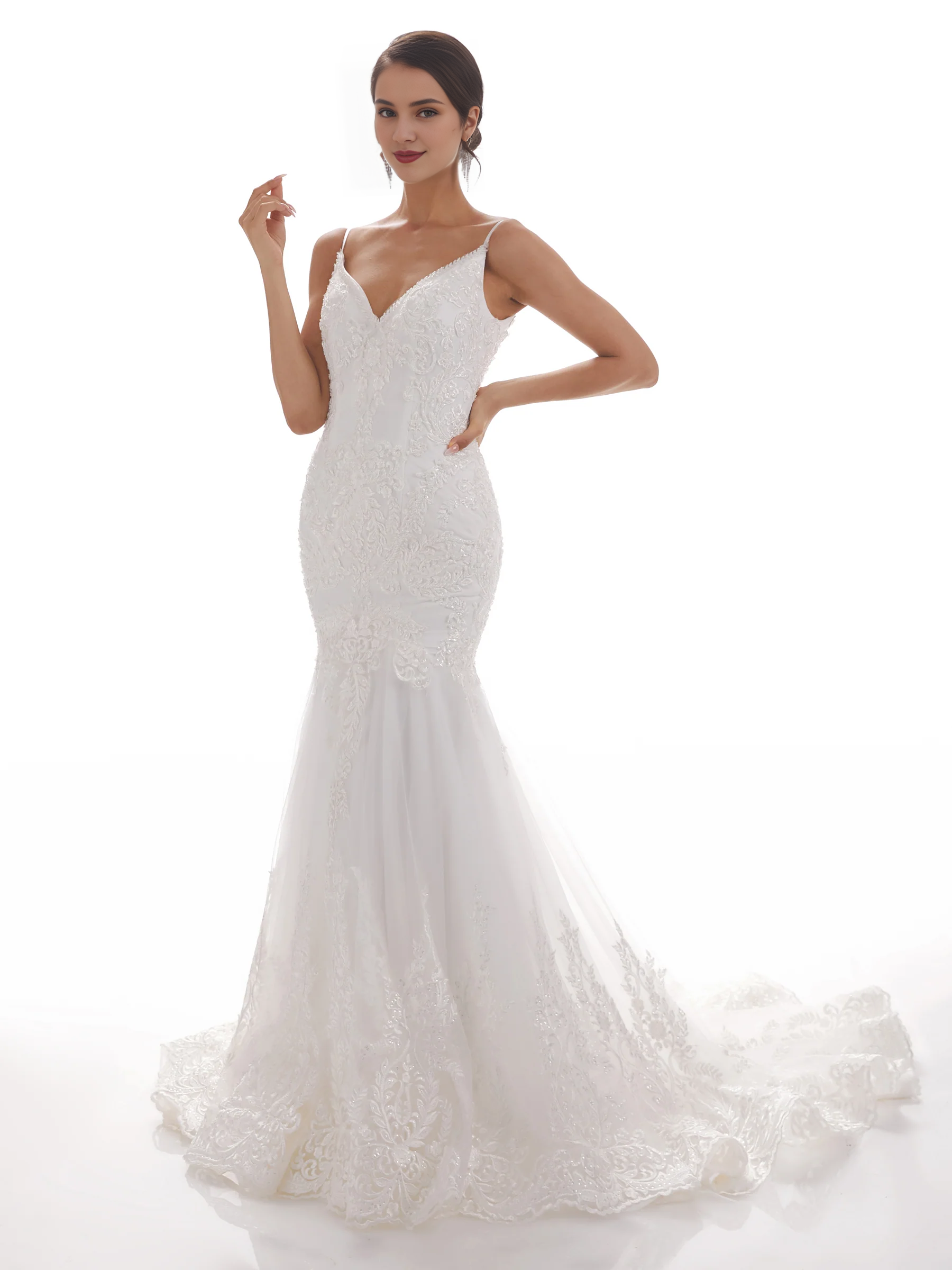 Thin shoulder mermaid ivory mermaid lace wedding dress
