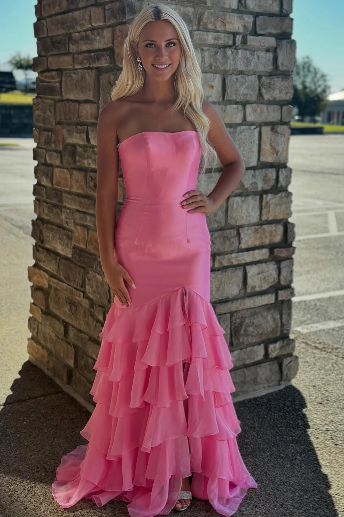 Jimiss off shoulder blue layered slit mermaid long dress