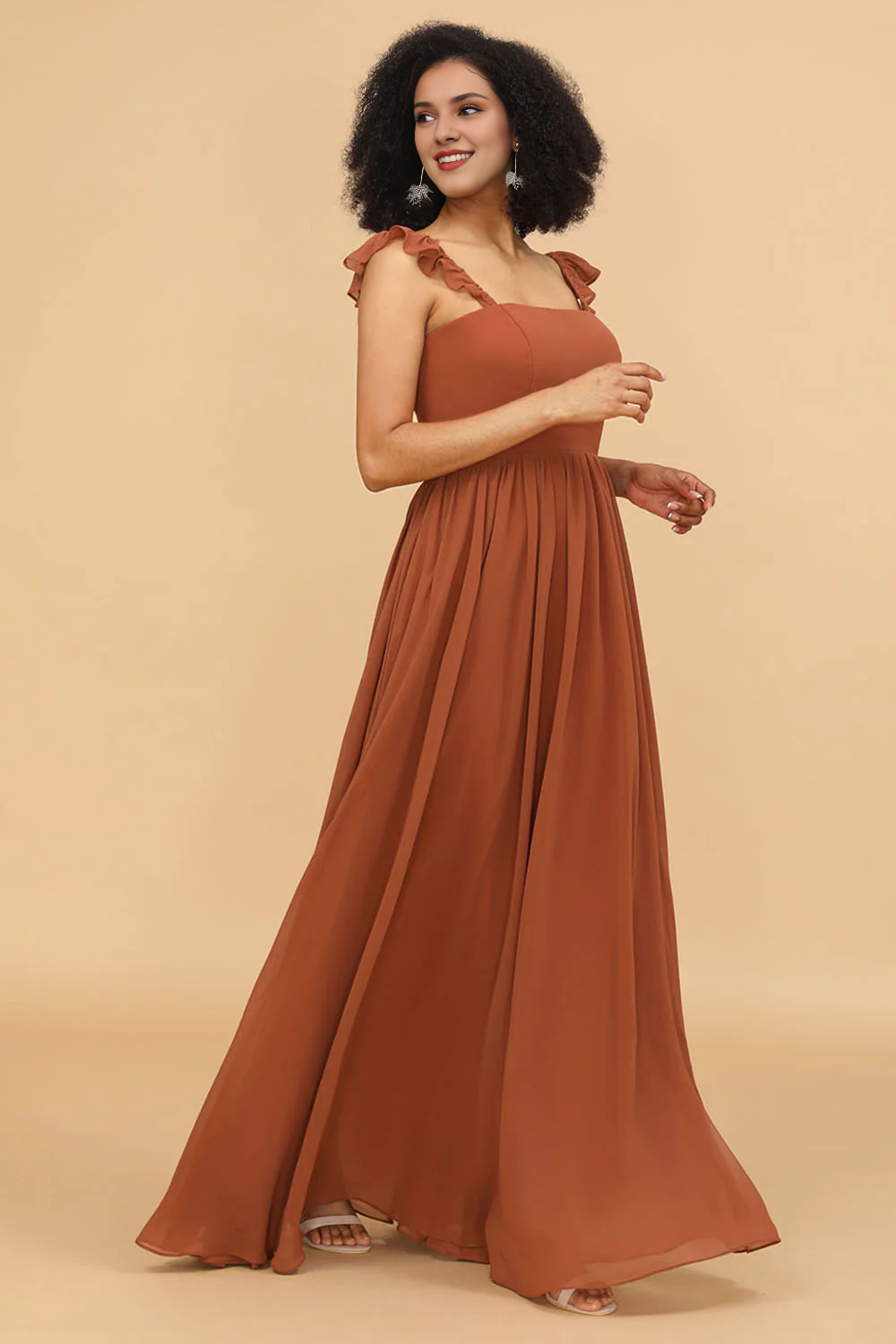 Red earth A-line ruffled and ground chiffon bridesmaid dress