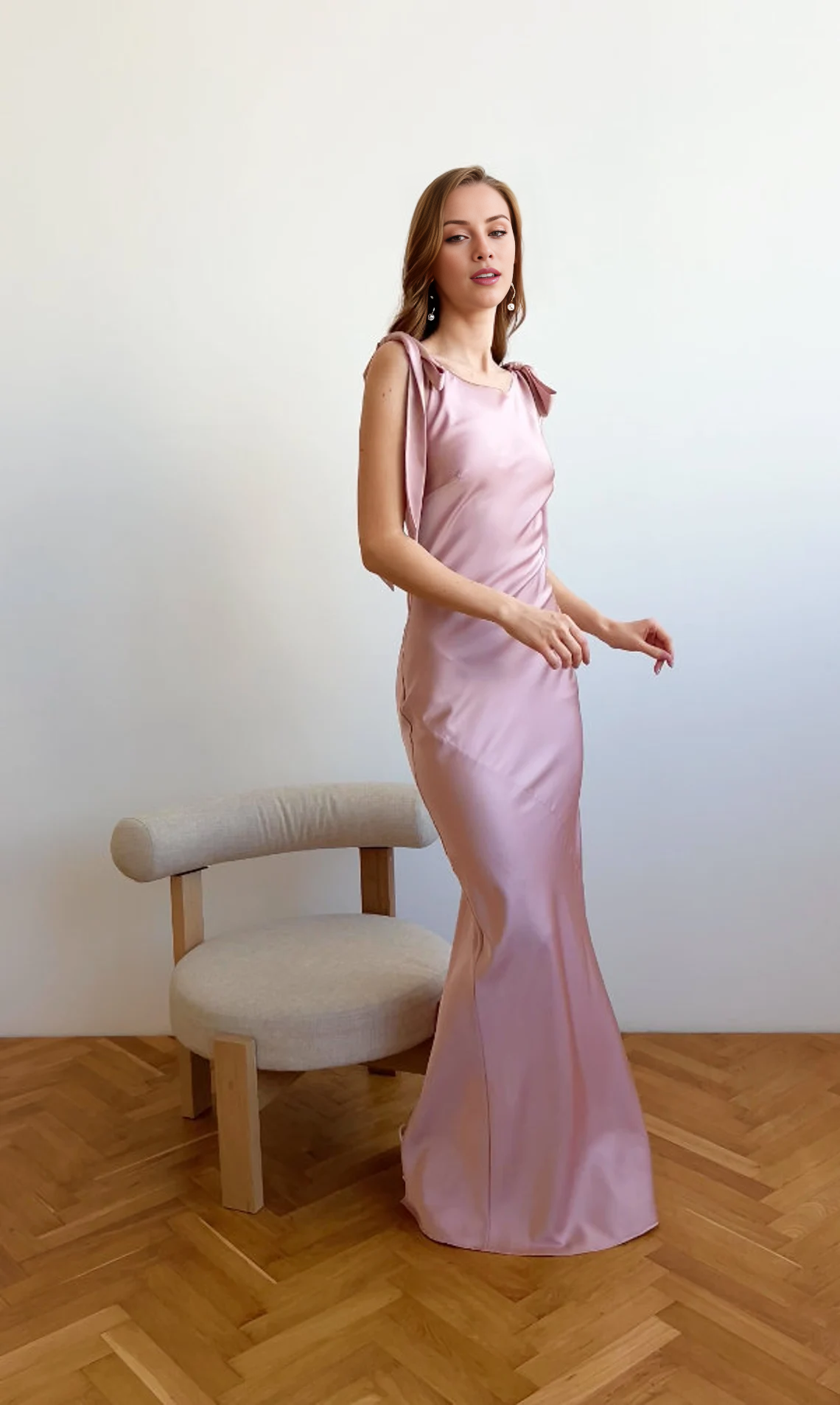 Jimiss boat neck sleeveless bow shoulder strap and floor length Prom dress