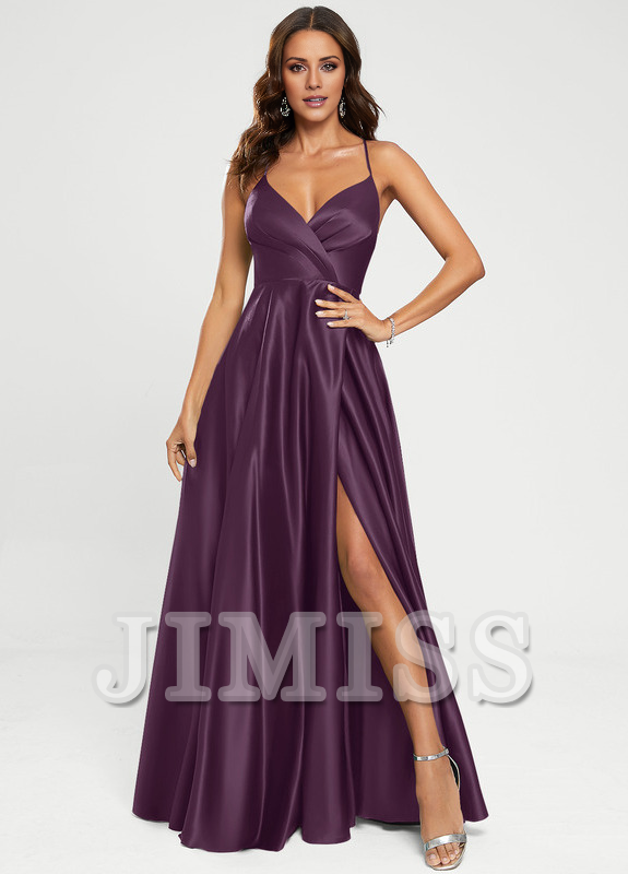A-line V-neck floor-length satin prom dress