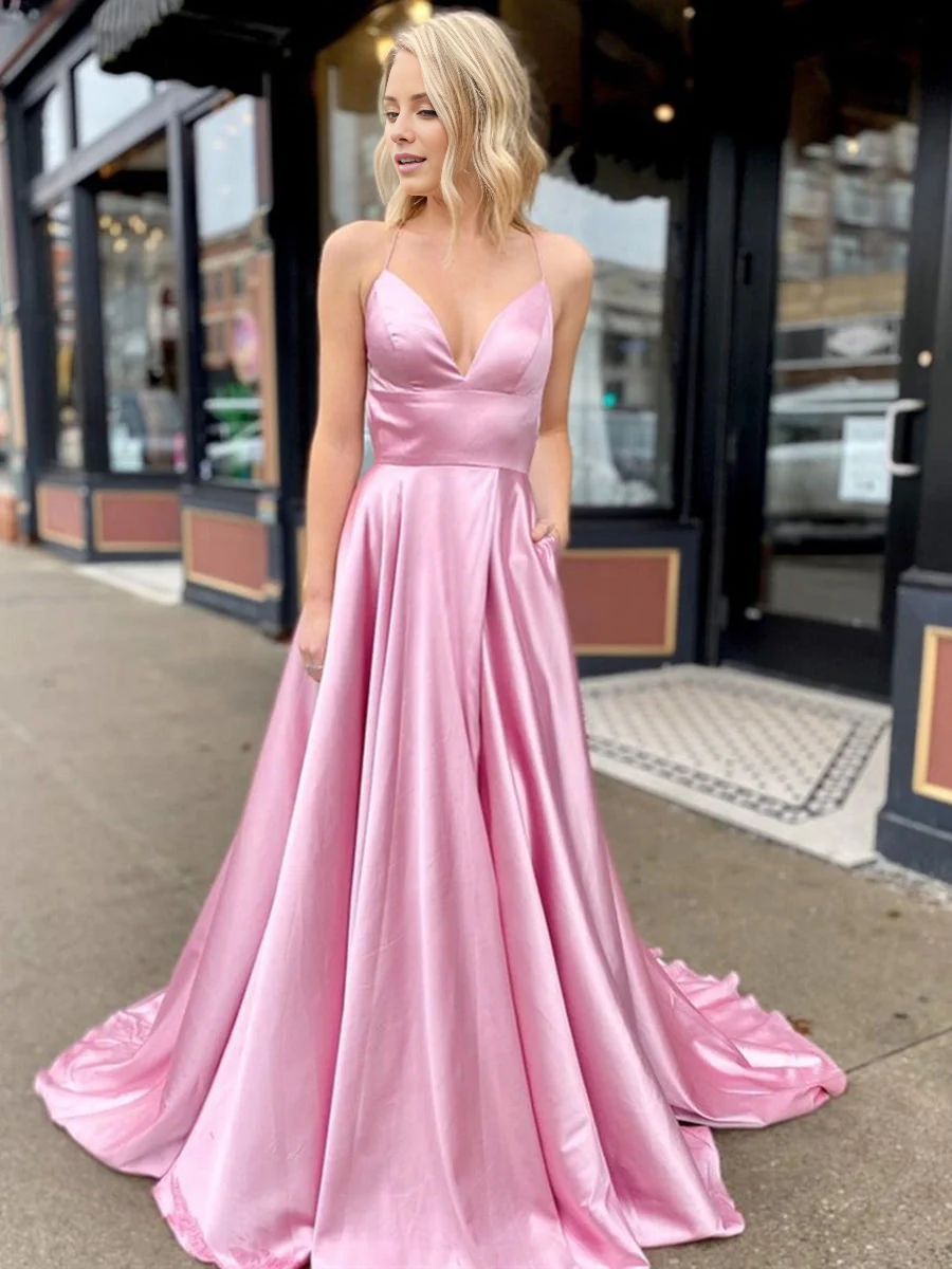 Jimiss A-line V-neck satin long ball gown with high slit backless Prom dress