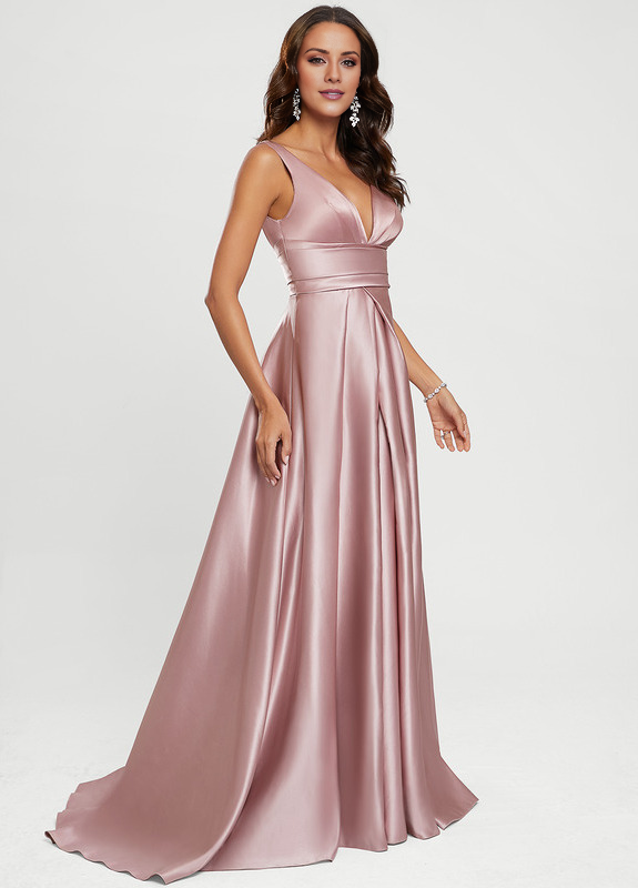 A-line V-neck floor-sweeping satin prom dress