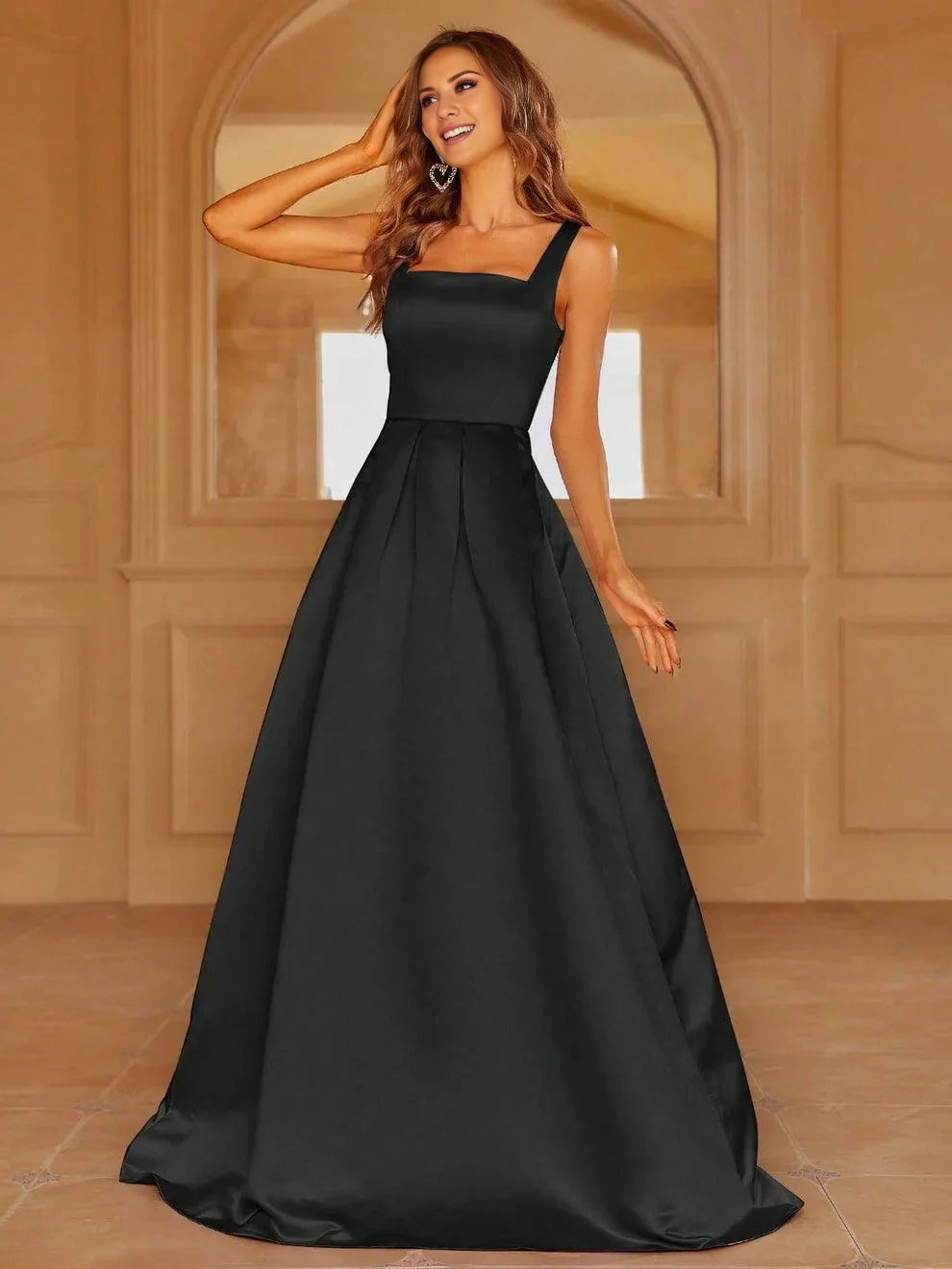 A-line square collar with back tie satin and floor length formal dress