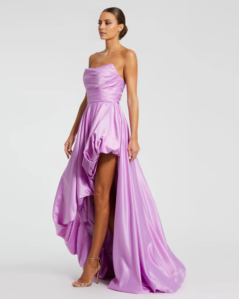 Strapless sleeveless pleated high-low skirt floor-length evening dress