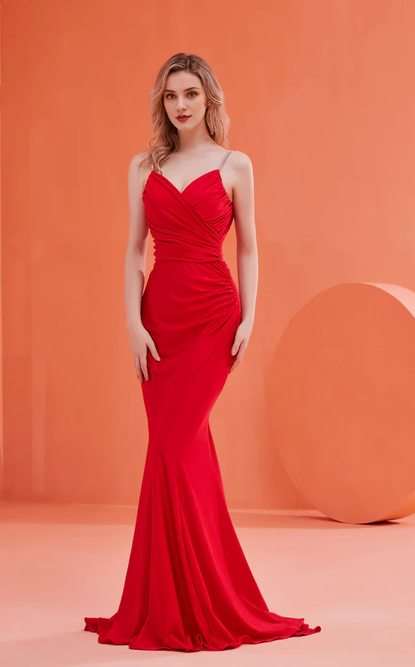 Thin shoulder strap slim fit cylindrical sleeveless fish tail and floor length Prom dress