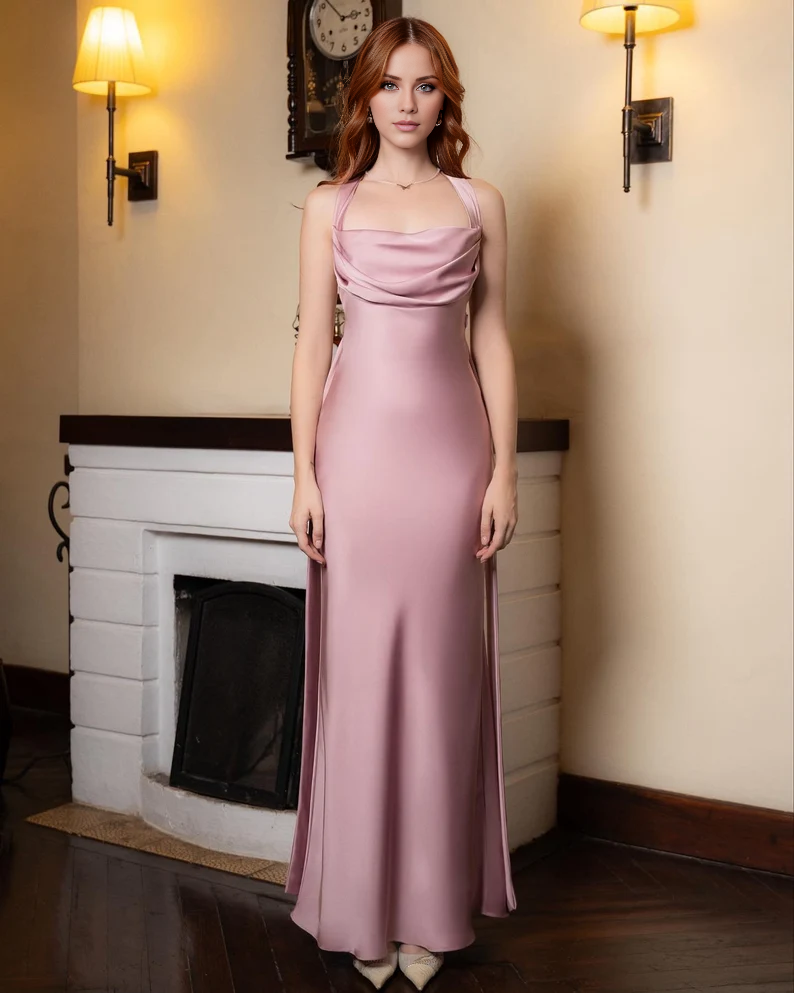 Jimiss - Hanging neck collar satin and floor length Prom dress