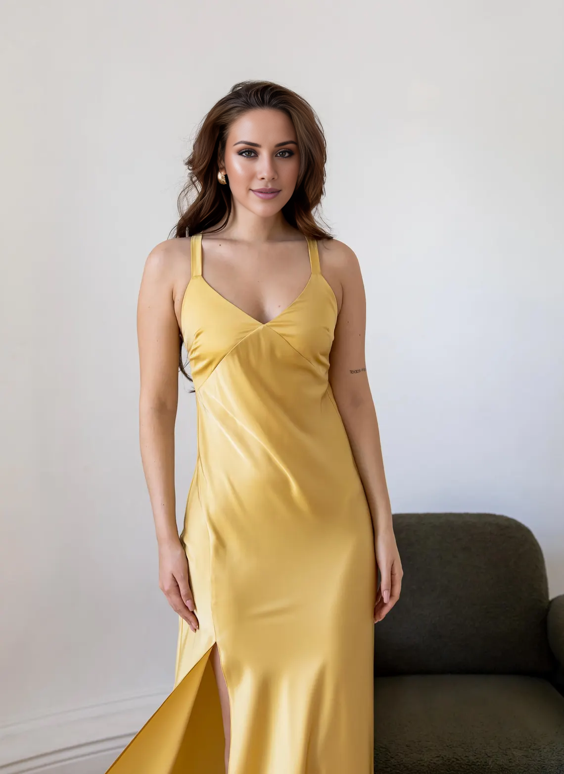 Jimiss slim shoulder strap V-neck side slit and floor length Prom dress