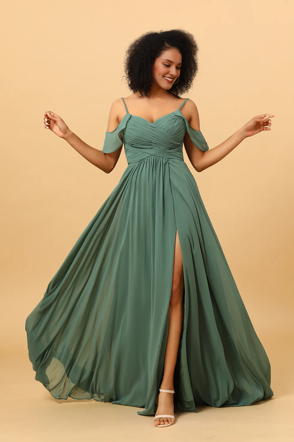 Eucalyptus A-line slim shoulder strap long slit chiffon bridesmaid dress