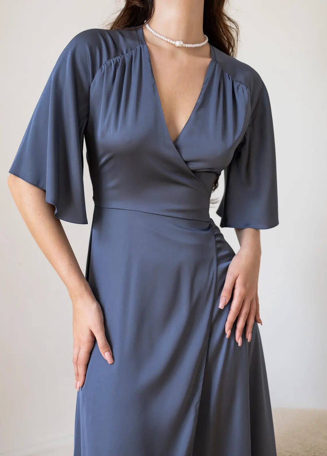 Jimiss deep V-neck short sleeved satin slit and floor length Prom dress