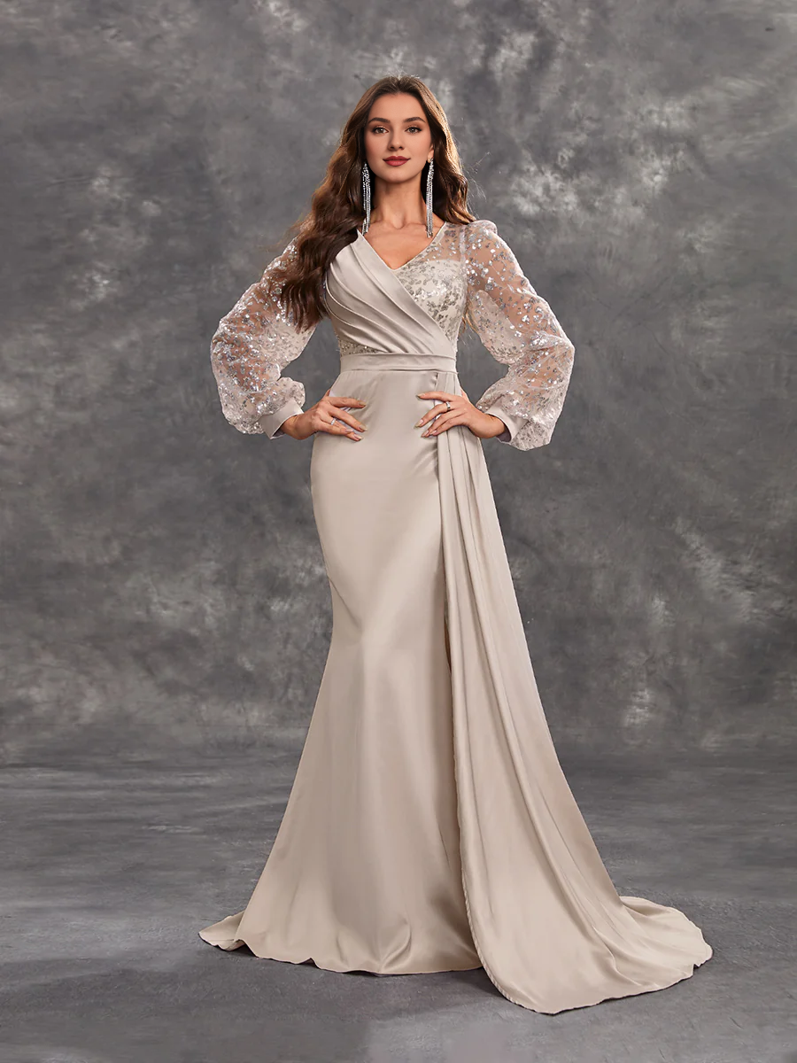 Lantern sleeve wrapped body splicing and ground length godons evening dresses