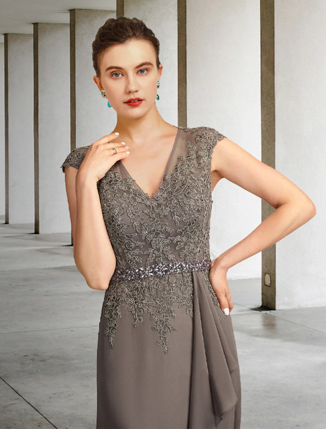 Aimishang A-Line Mother of the Bride Dress Elegant V Neck Floor Length Chiffon Lace Cap Sleeve with Sash / Ribbon Appliques
