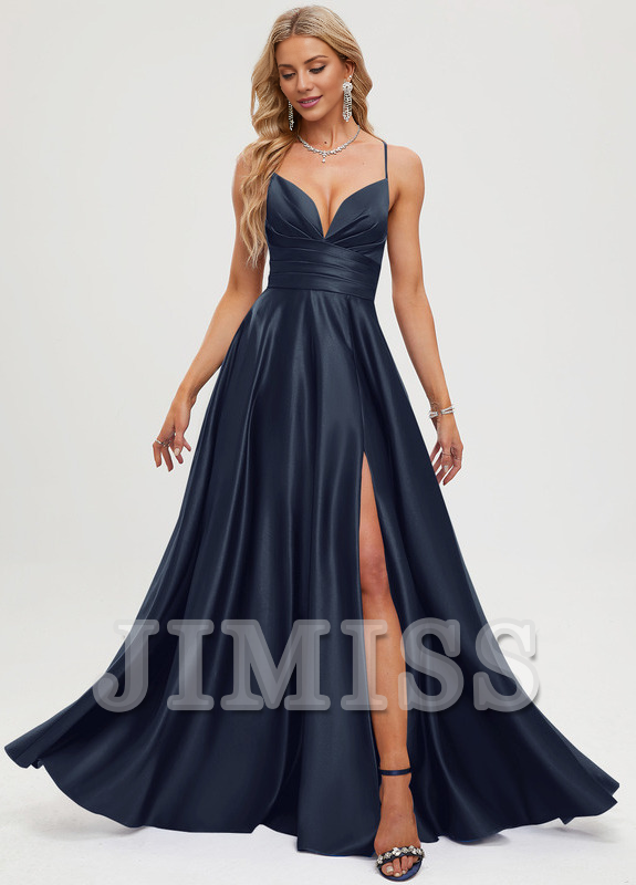 A-line V-neck pleated floor-length satin prom dress