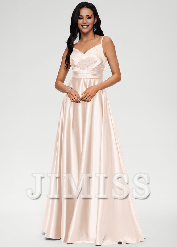A-line V-neck floor-length satin prom dress