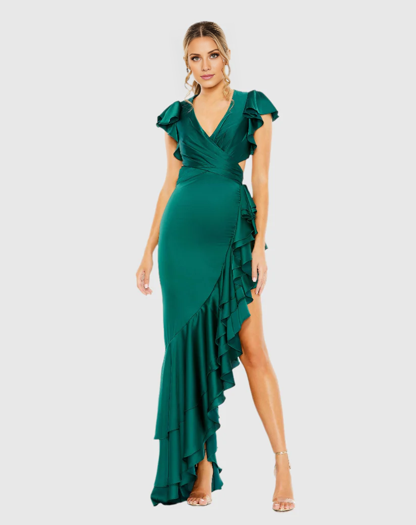 Ruffle sleeves hollow asymmetric ruffled floor-length evening dress