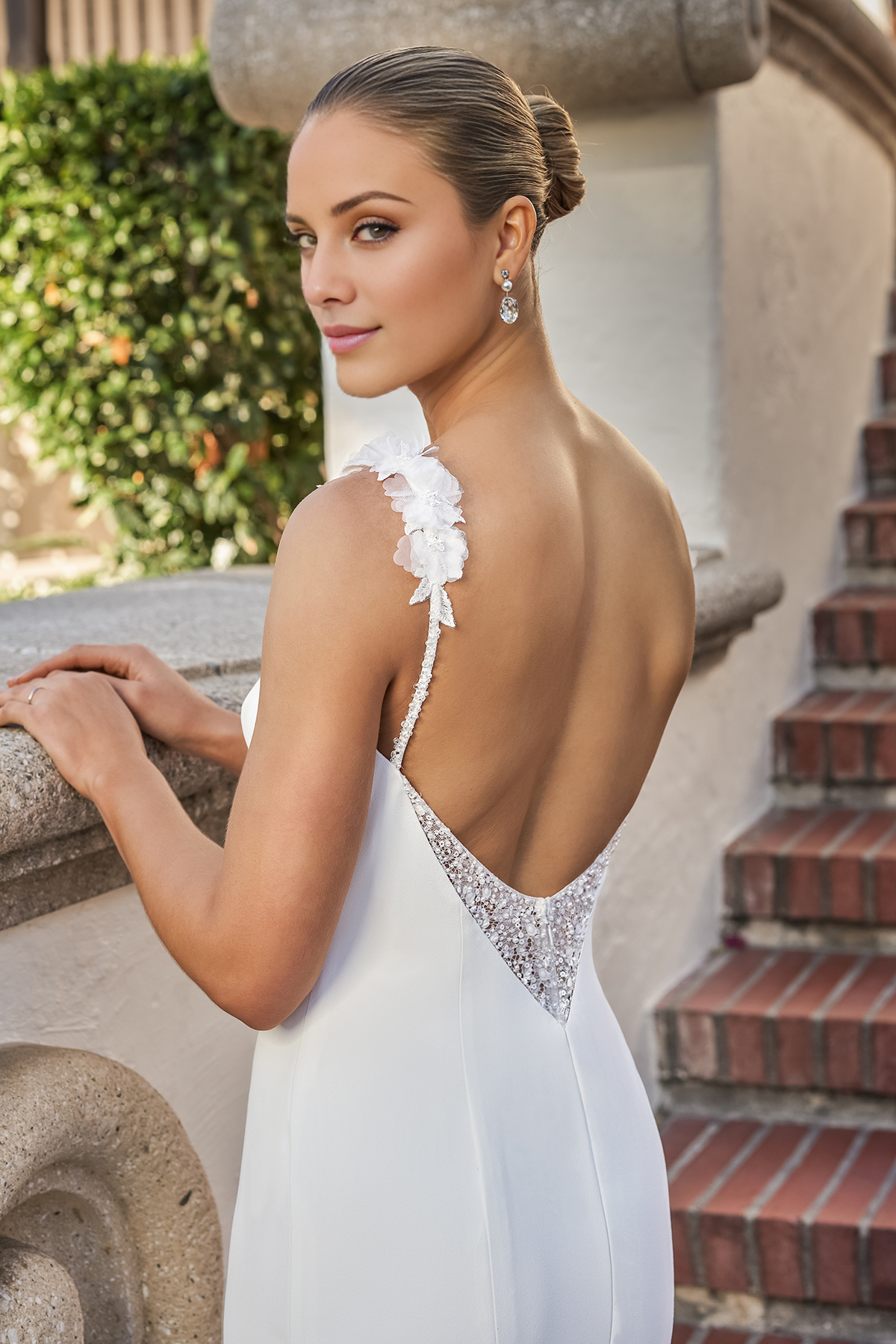 Boat shaped neck thin shoulder strap beaded embroidery lace and floor length wedding dress