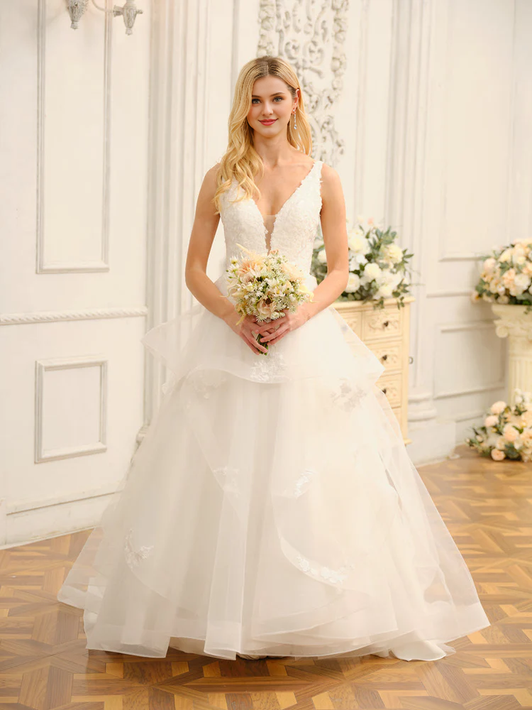 V-neck sleeveless applique long ball gown wedding dress