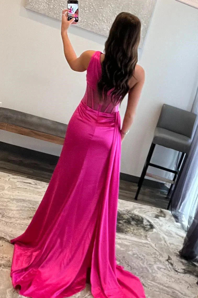 Jimiss One Shoulder Hot Pink Split Mermaid Long Prom Dress