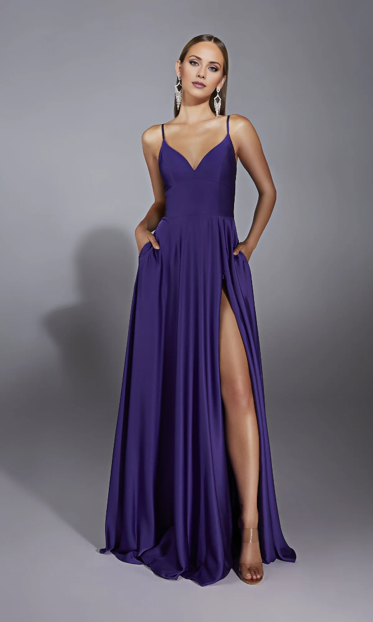 Jimiss V-neck slim shoulder strap with backless side slit and floor length evening dress