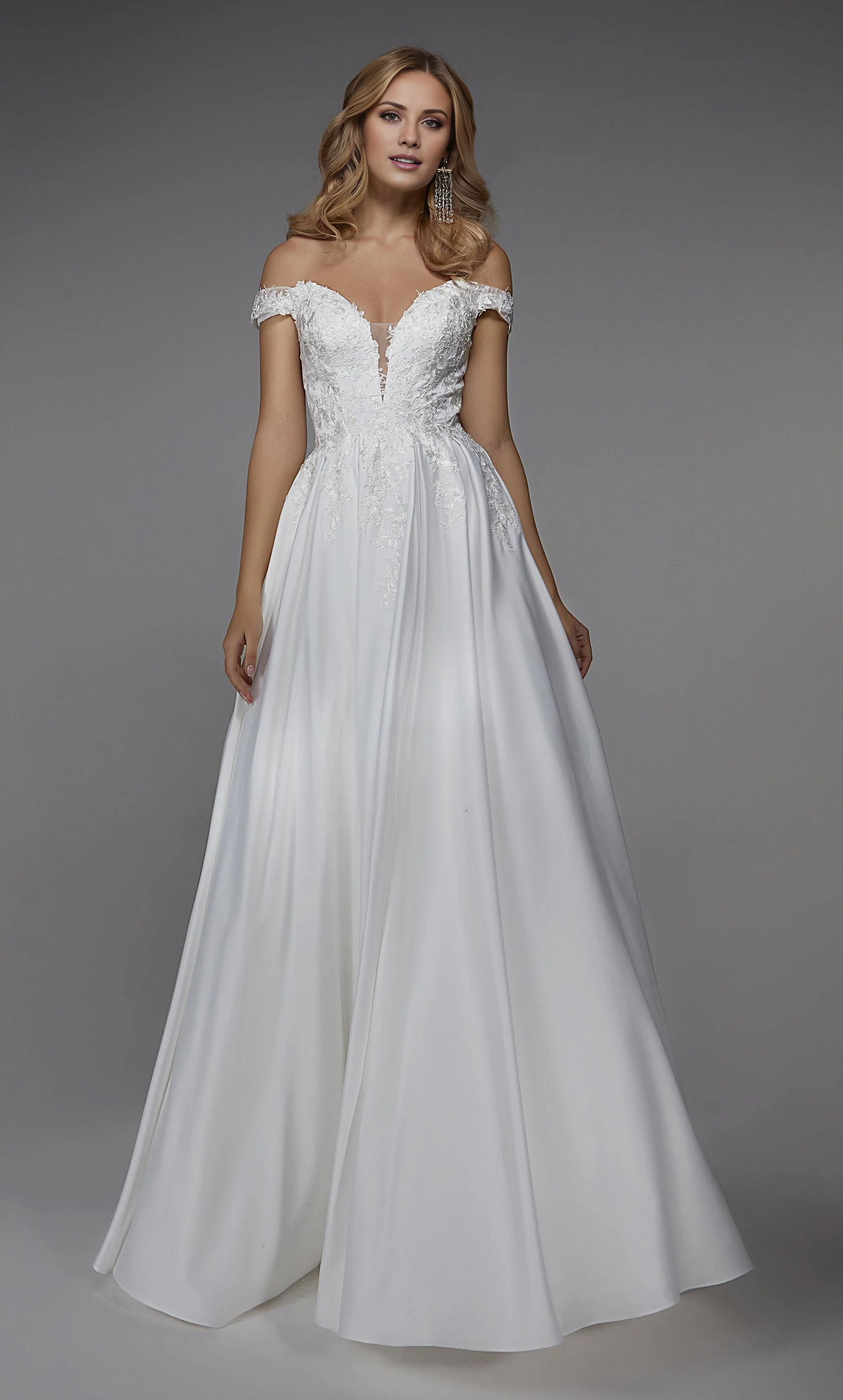 Perfect satin off shoulder A-line backless lace embroidery and floor length wedding dresses