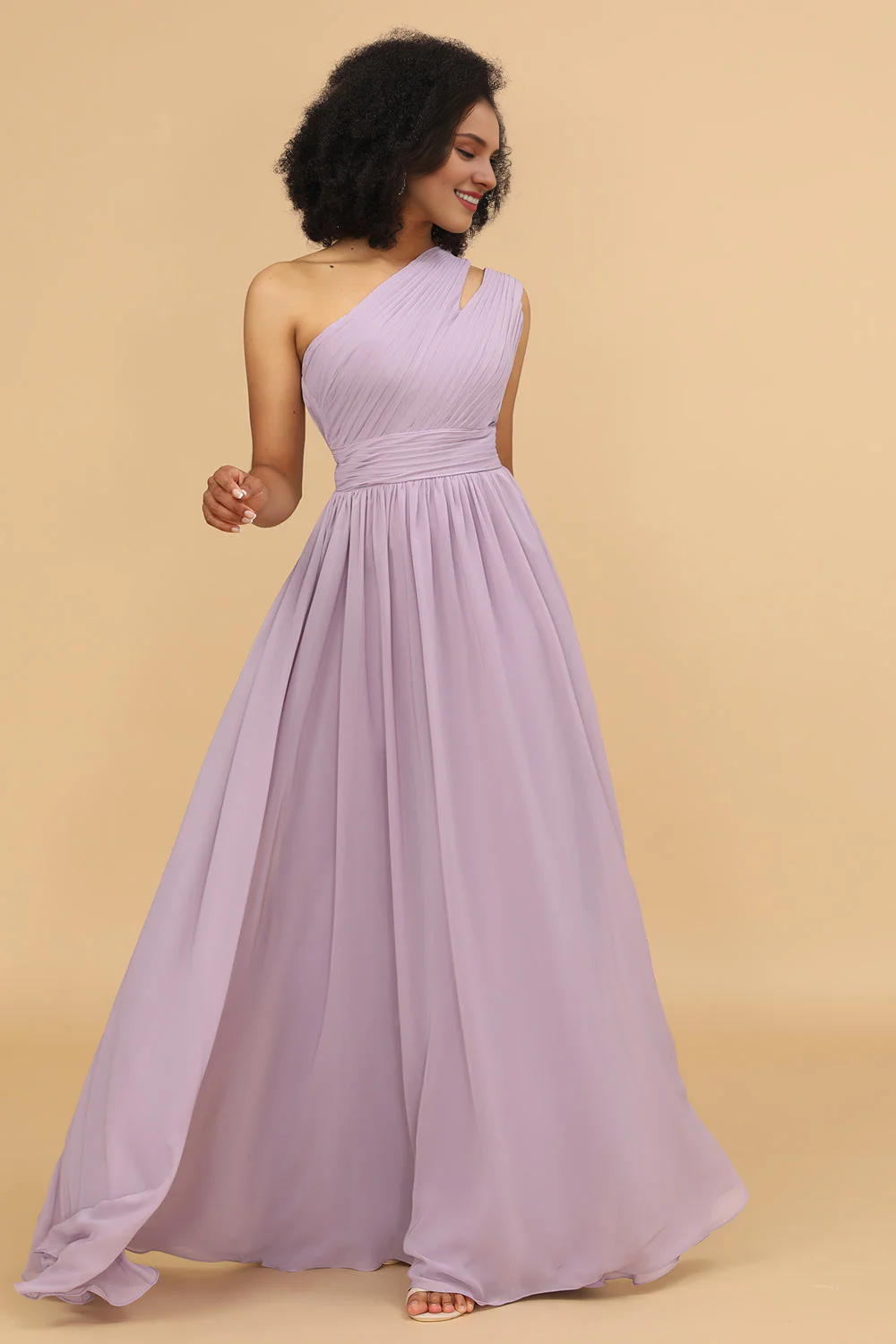 Light purple A-line shoulder long chiffon ruffled bridesmaid dress