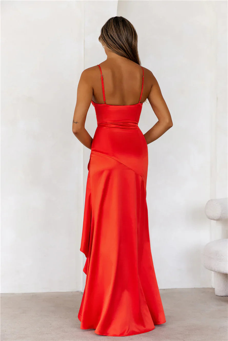 Jimiss V-neck slim shoulder strap with ruffle edge design Prom dress
