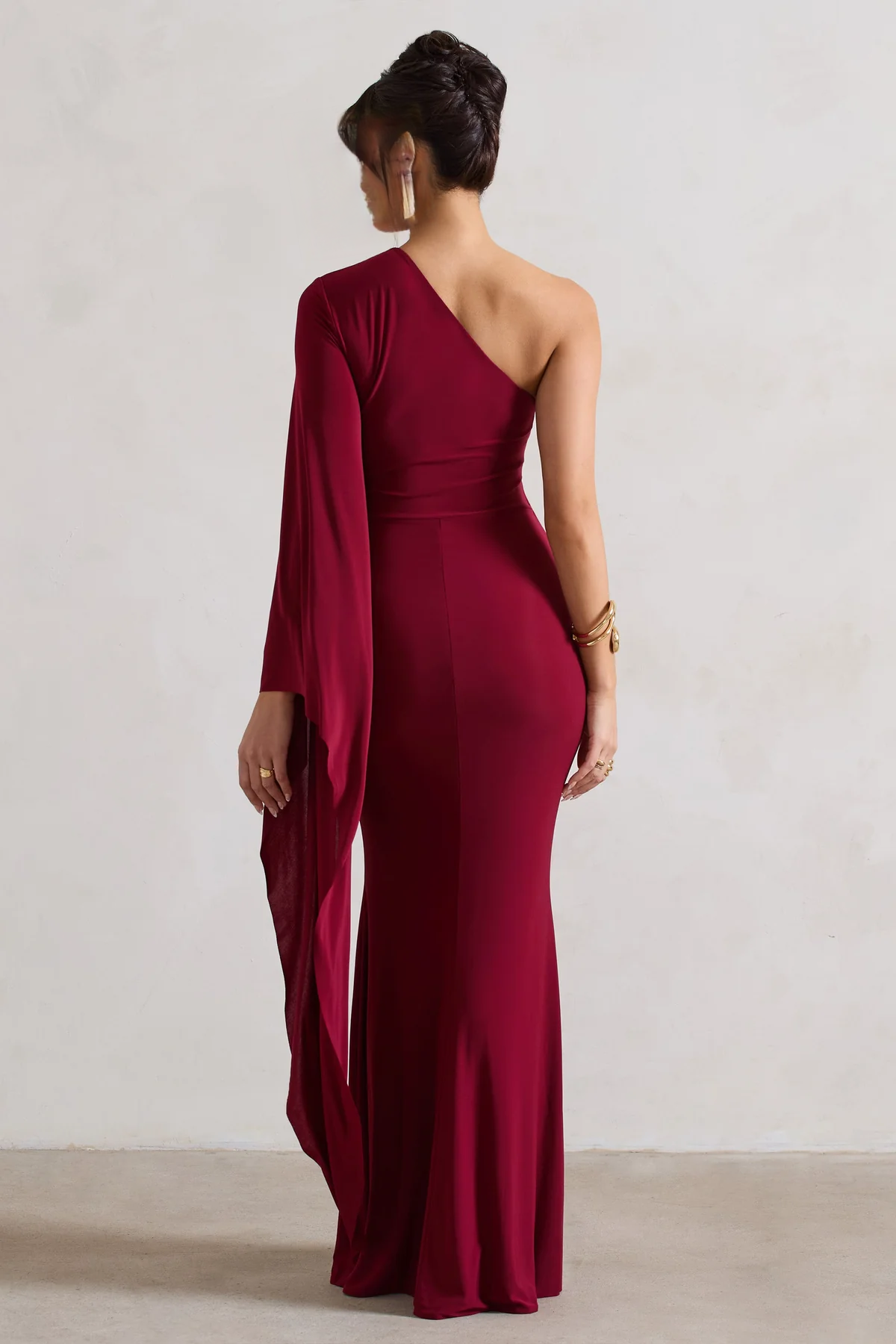 Ruffled One Shoulder Cloak Sleeve and Floor length Evening Dress - Jimiss Dress