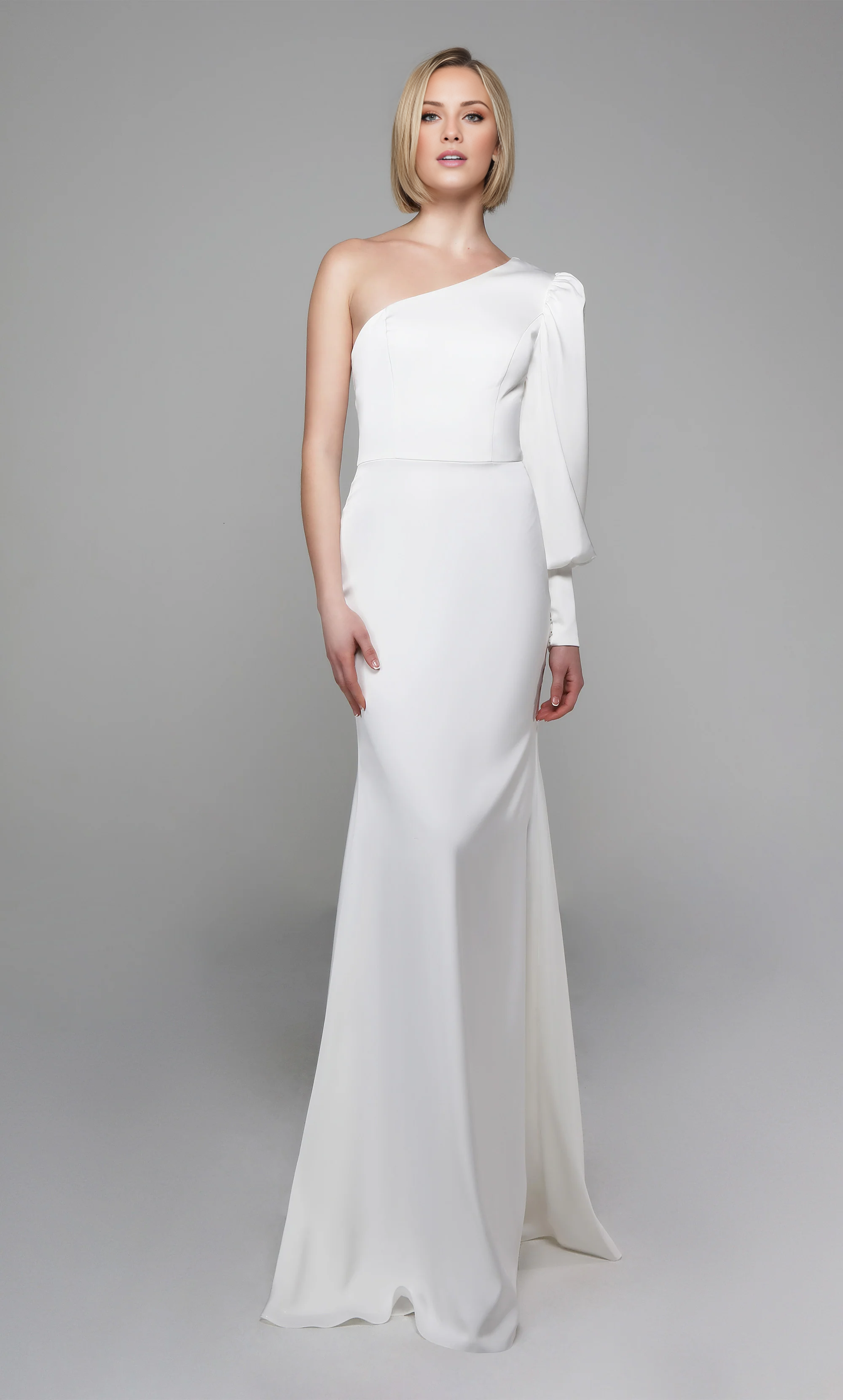 One shoulder straight tube cuff with button wedding dress