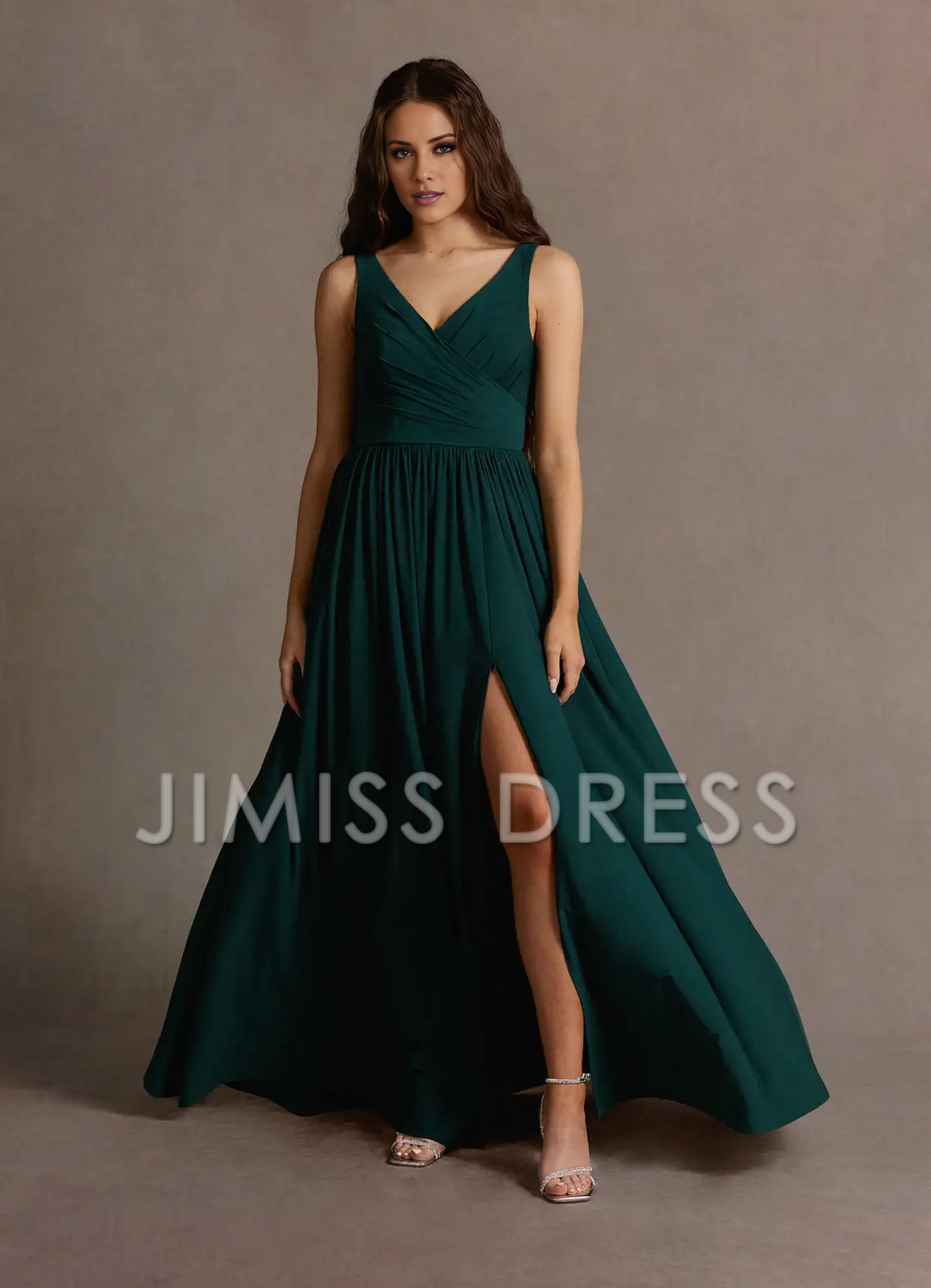 Jimiss slim shoulder strap V-neck side slit and floor length Prom dress