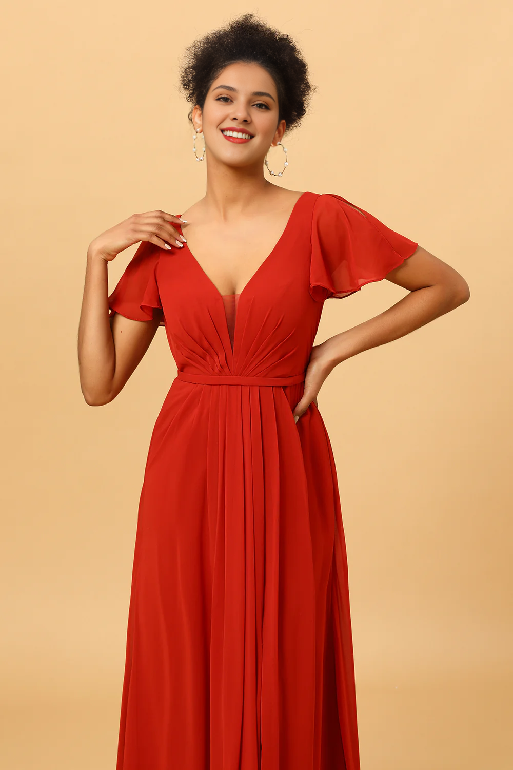 Rusty red A-line slit and floor length bridesmaid dress