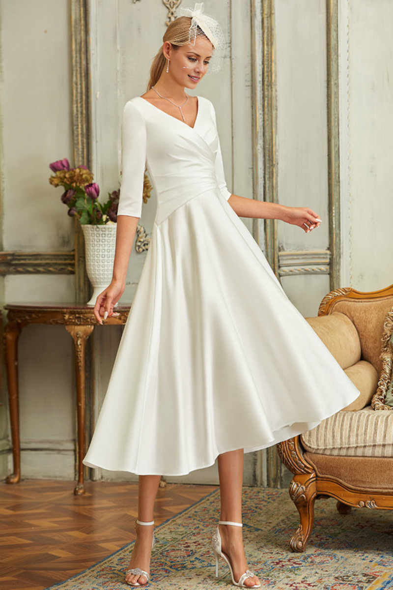 A-line V-neck tea 3/4 sleeve satin wedding dress