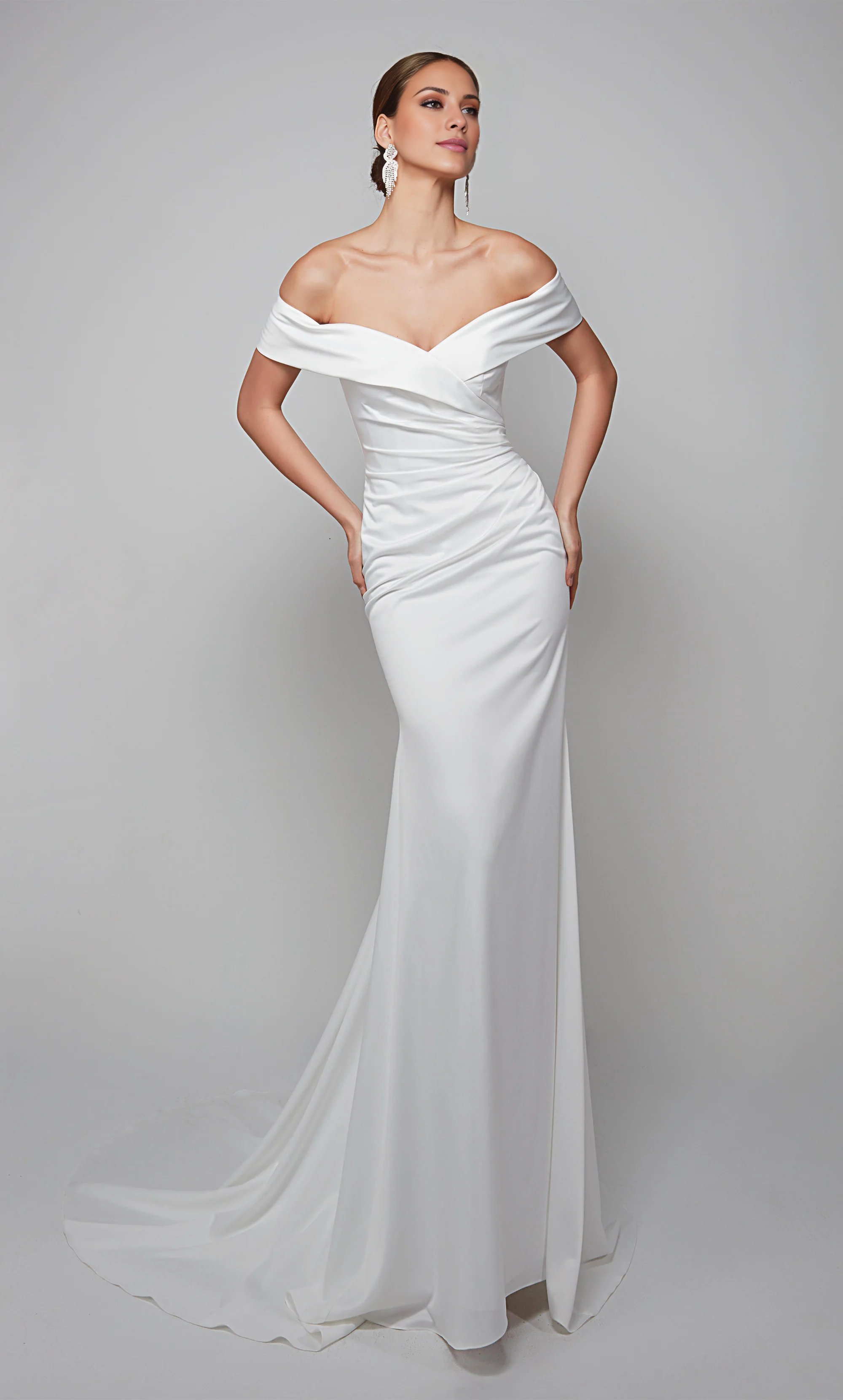 Perfect satin off shoulder straight tube backless side pleated wedding dress