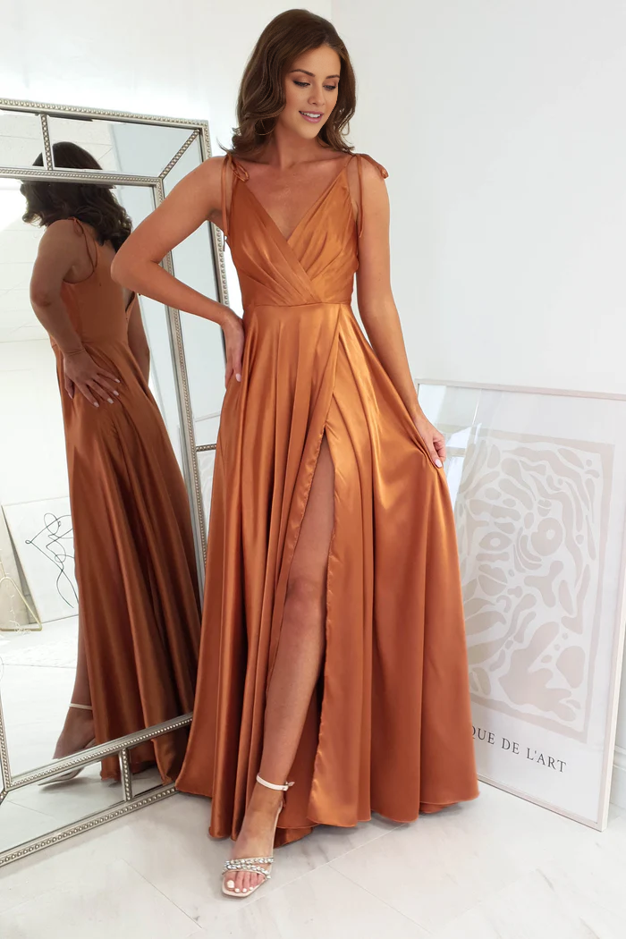 Thin shoulder strap V-neck open back side slit and floor length Prom dress - Jimiss Dress
