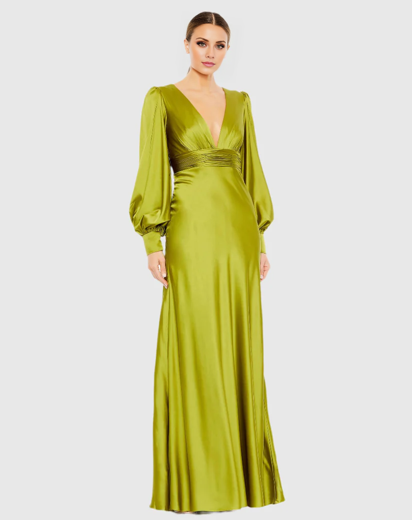 V-neck satin long sleeve floor-length evening dress