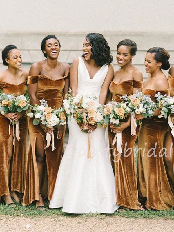 Sexy Off-shoulder Side Slit Mermaid Floor Length Bridesmaid Dresses.DB10463