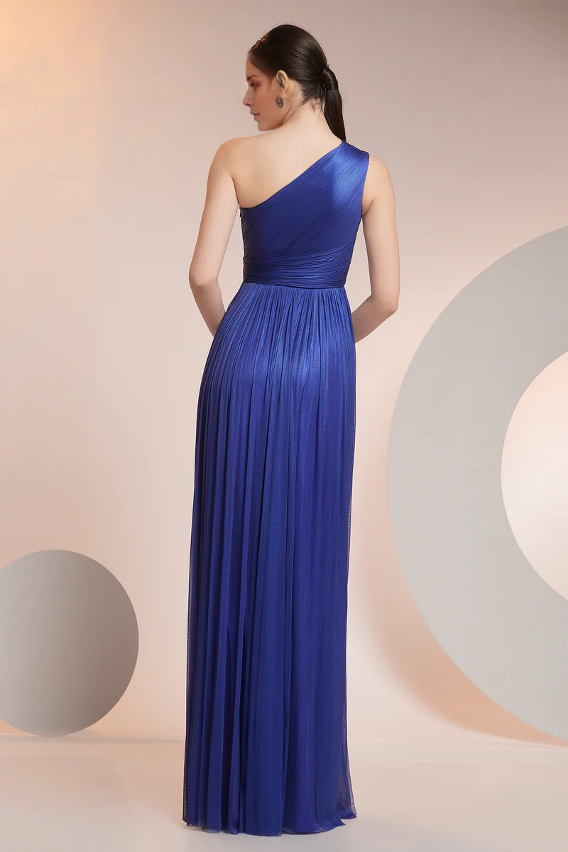 One shoulder chiffon slit and floor length evening gown