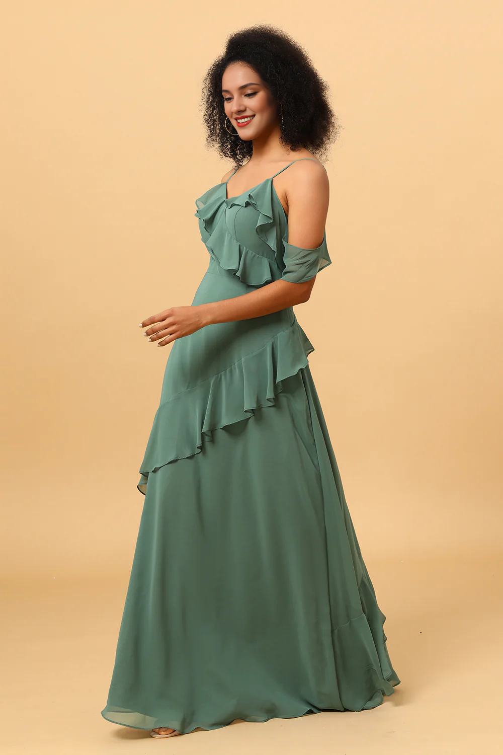 Eucalyptus fine shoulder strap ruffled chiffon long bridesmaid dress