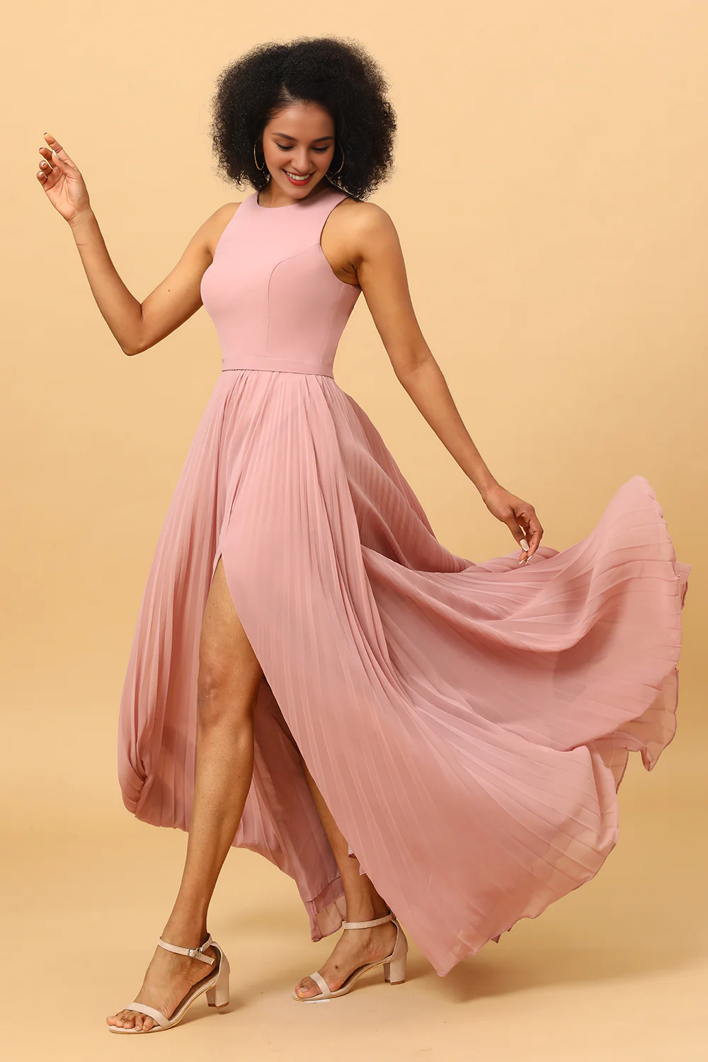 Dusty rose A-line high neck pleated long chiffon bridesmaid dress