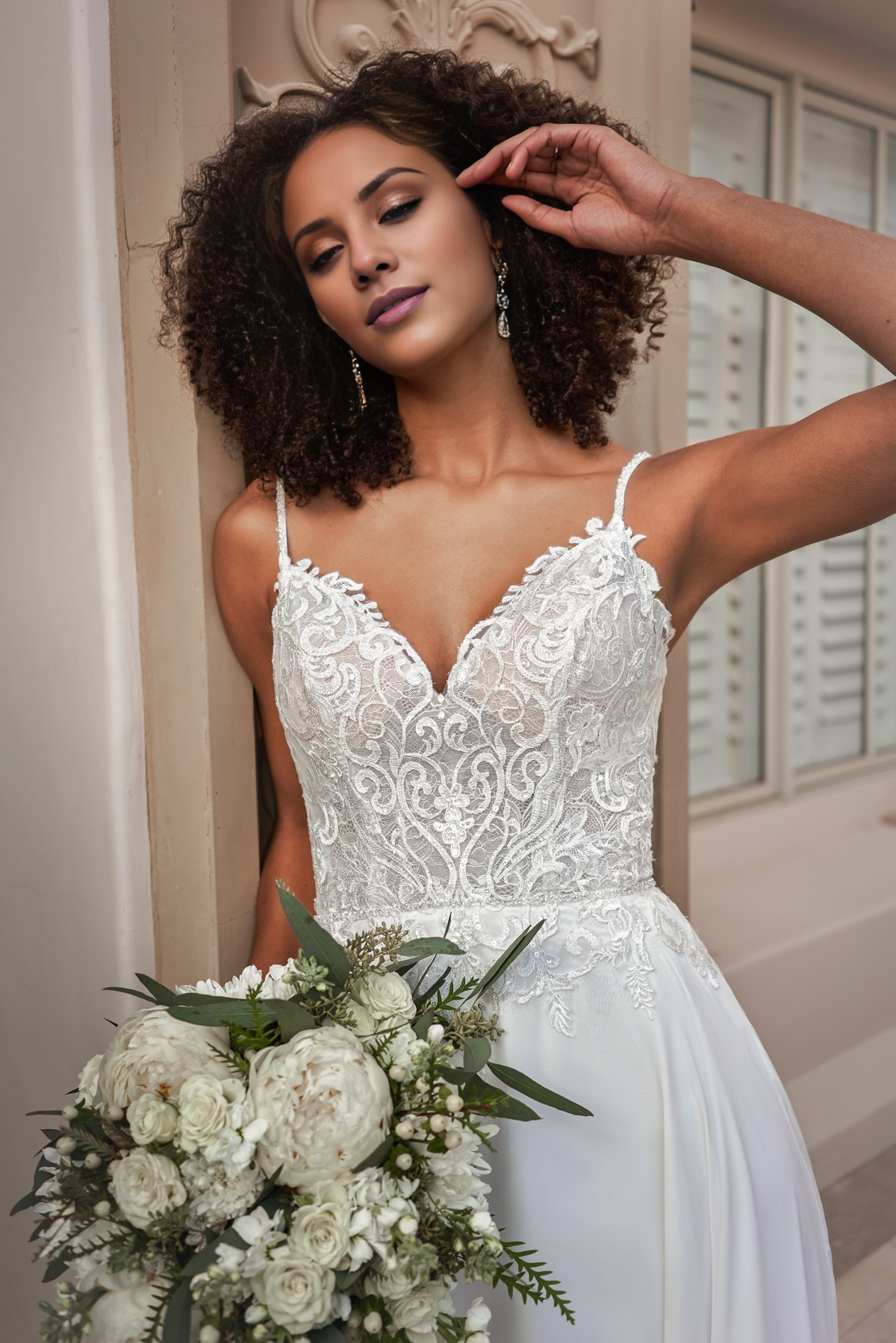 A-line heart-shaped neckline with beaded thin shoulder straps and floor length wedding dress