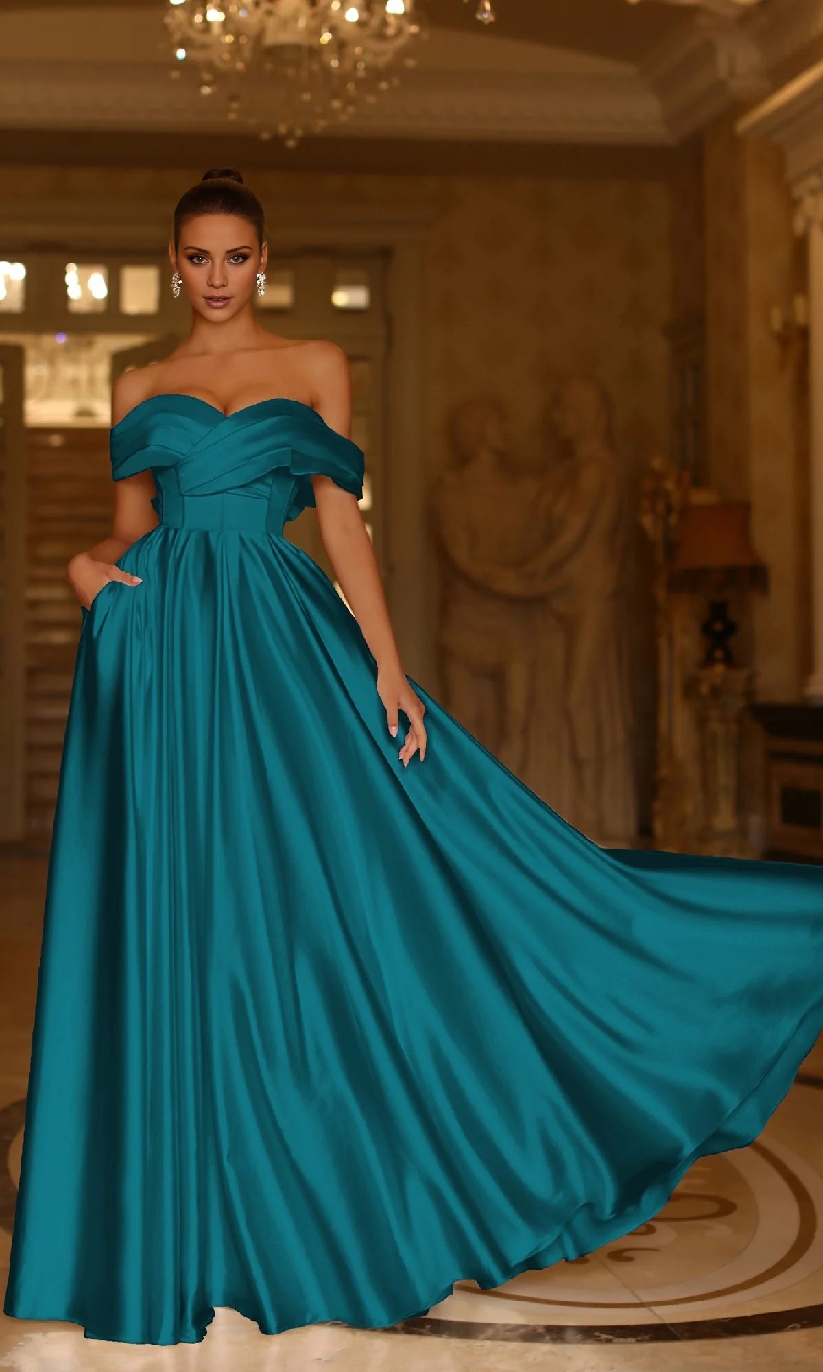 Jimiss A-line off shoulder pleated backless and floor length evening dress