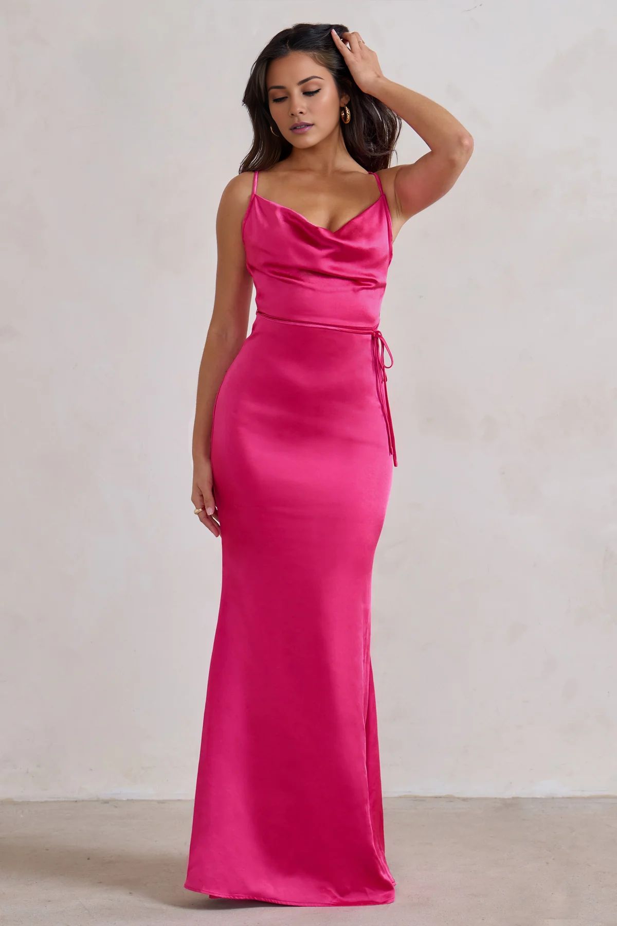 Thin shoulder strap satin cross back and floor length evening dress - Jimiss Dress
