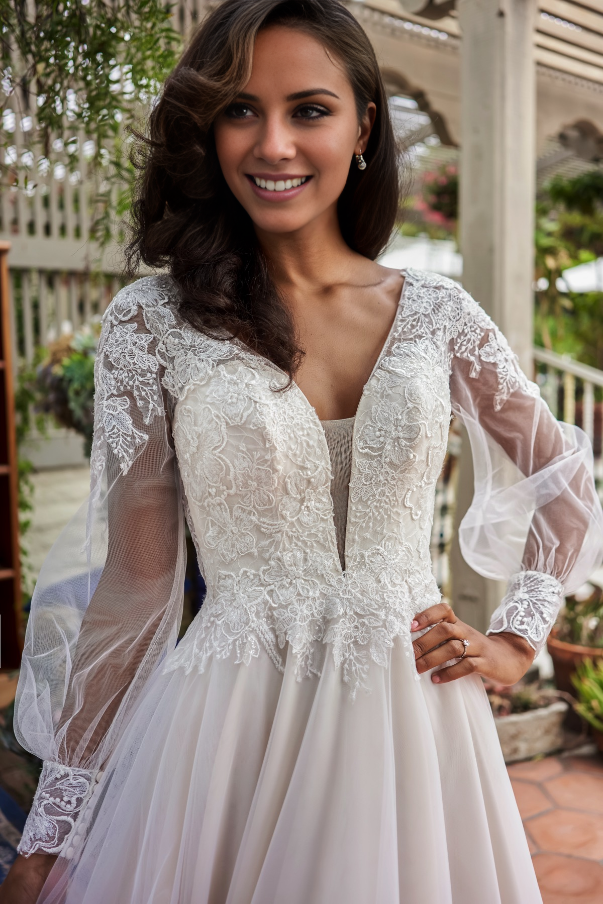 A-line V-neck embroidered lace chiffon and floor length wedding dress