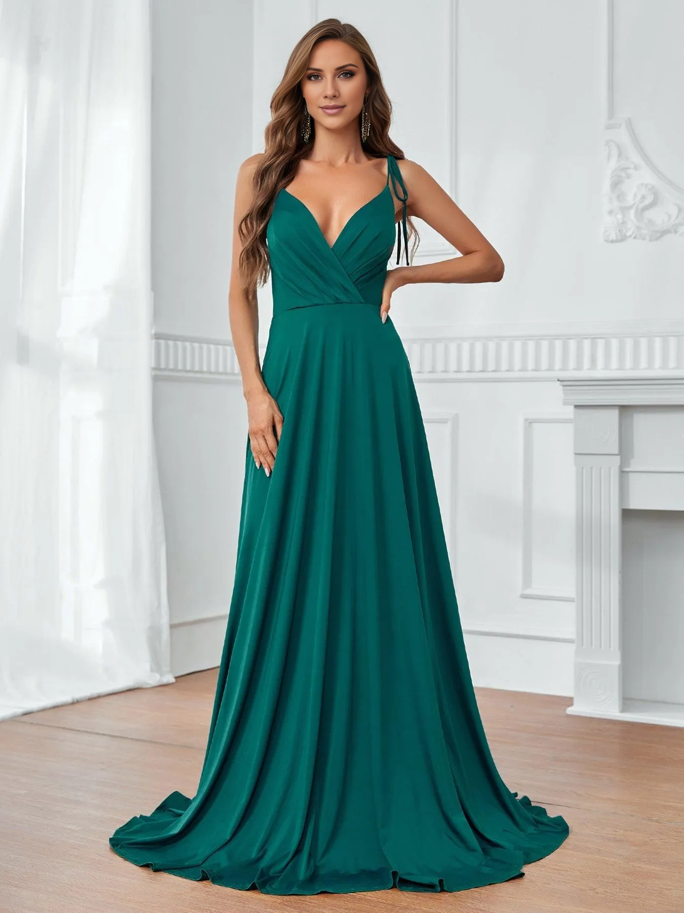 A-line off shoulder collar shoulder strap thin shoulder strap and floor length formal dress