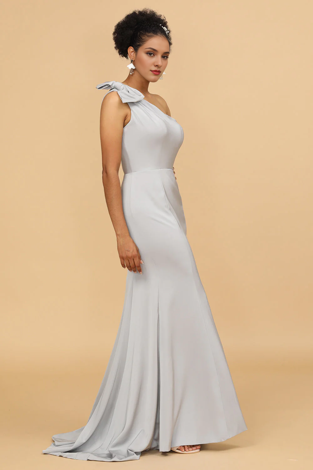 Grey fishtail bow one shoulder satin bridesmaid dress