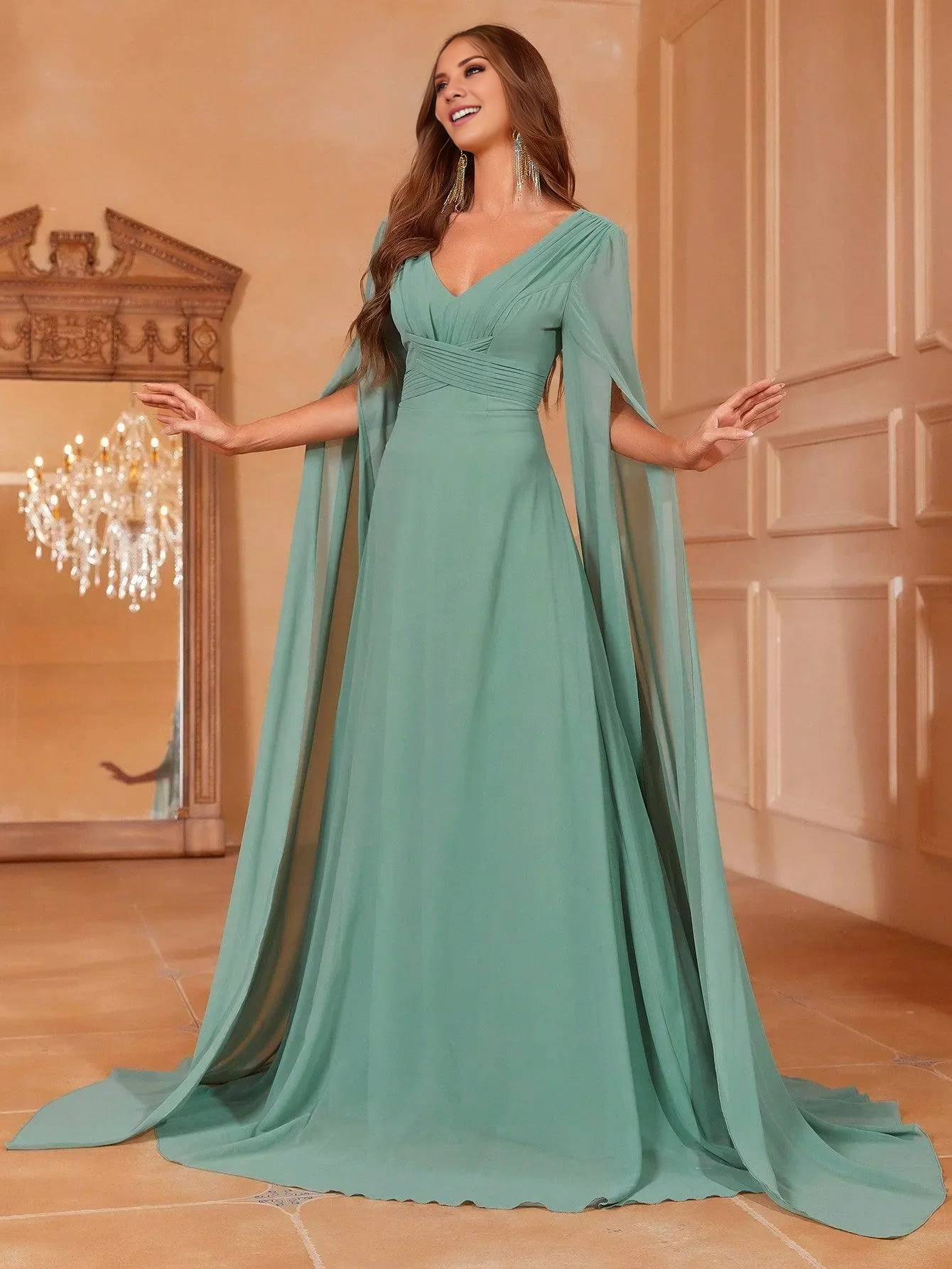 V-neck pleated exaggerated sleeves chiffon and floor length formal dress