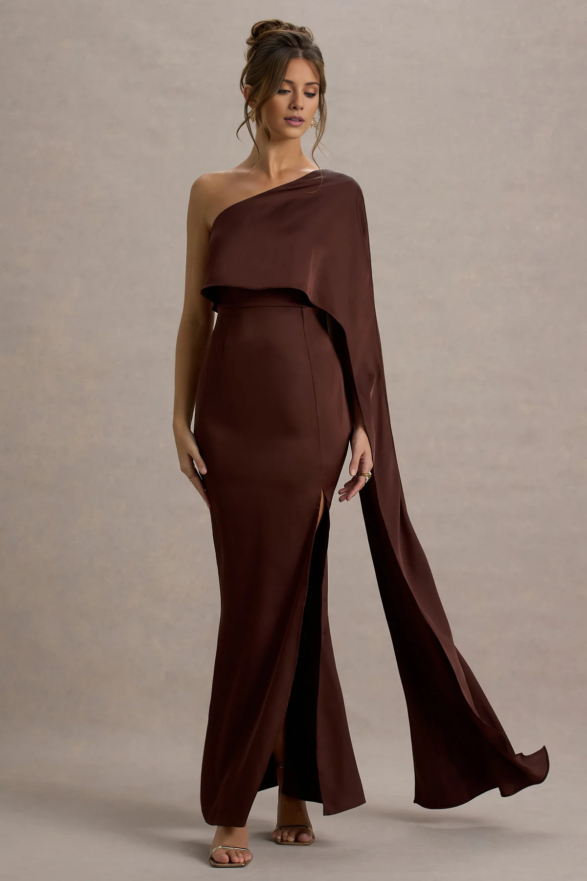 Asymmetric satin cape with side slit and floor length even dress - Jimiss Dress