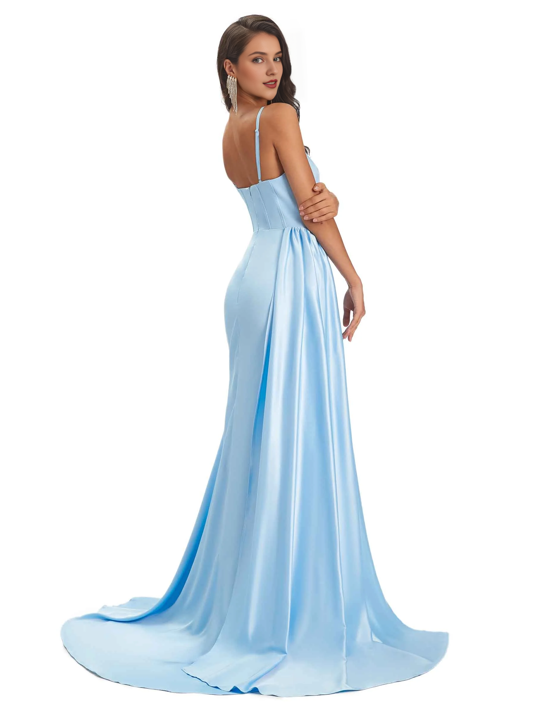 Sexy and soft satin side slit thin shoulder strap long mermaid unique bridesmaid dress