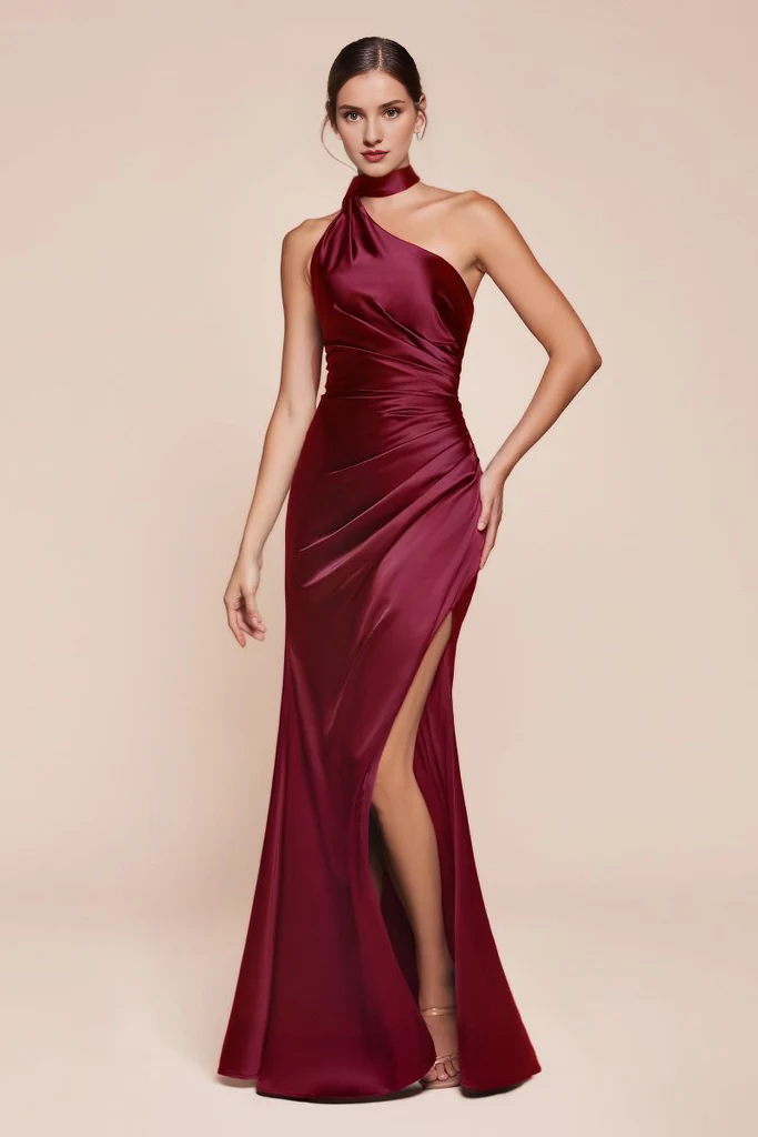 Luxury satin slim fit and floor length gown evening dresses on one shoulder