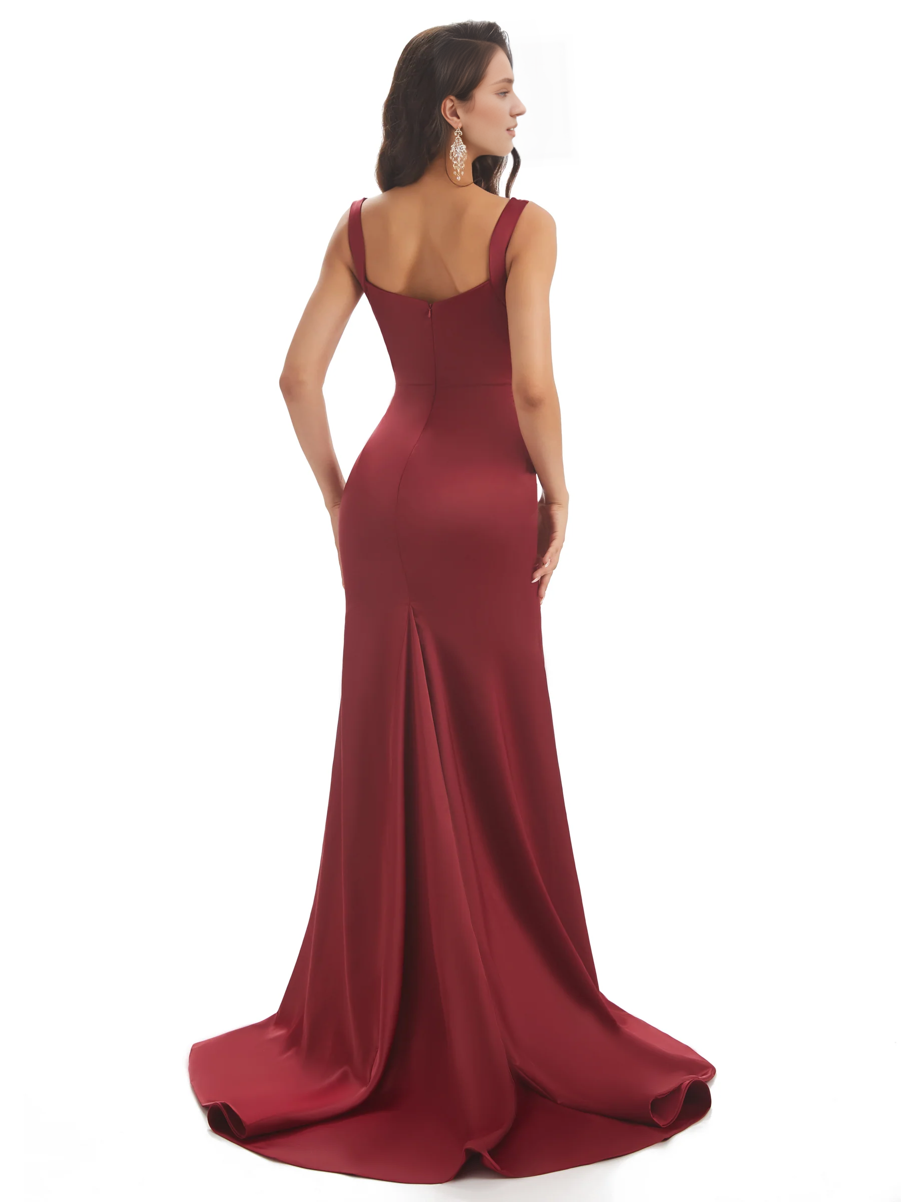Sexy and soft satin side slit shoulder strap square and floor length fishtail bridesmaid dress