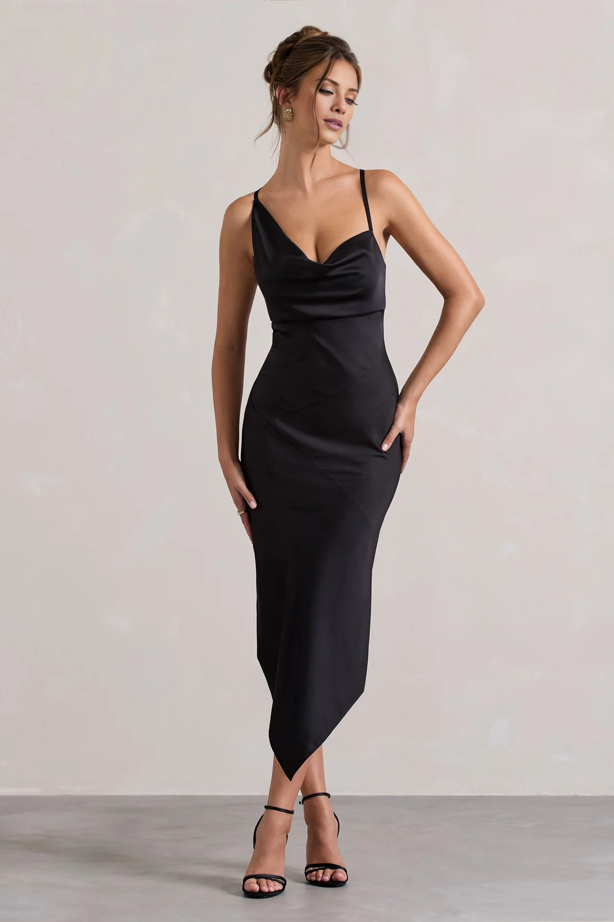 Asymmetric hanging collar backless satin mid length evening dress - Jimiss dress